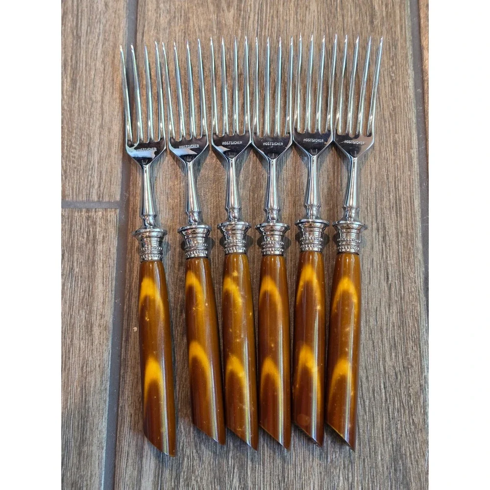 Emil Konig Solingen Vintage Flatware Set 12pc Faux Horn Amber Handles Germany